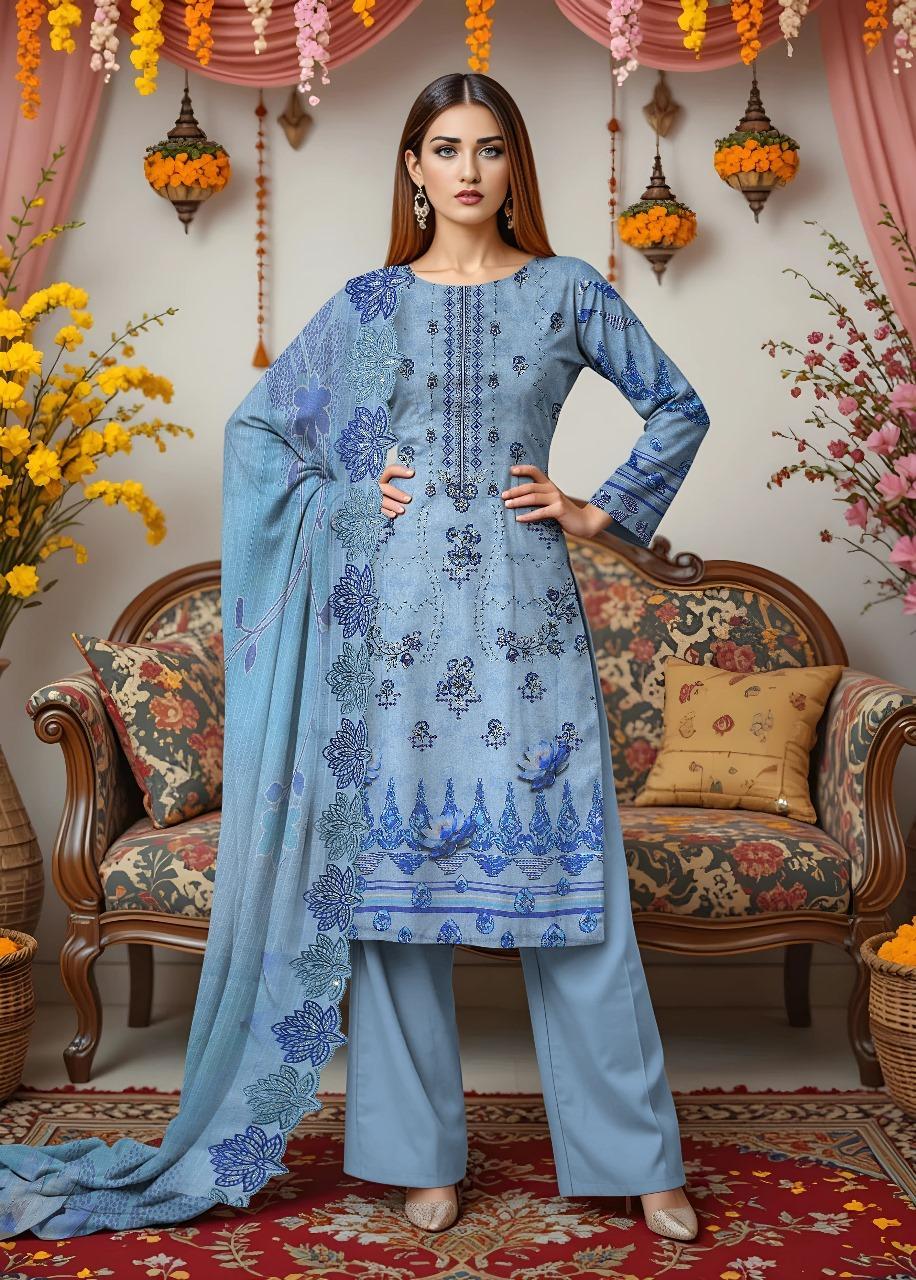 3 Pcs Women's Unstitched Printed Embroidered Dobby Lawn Suit