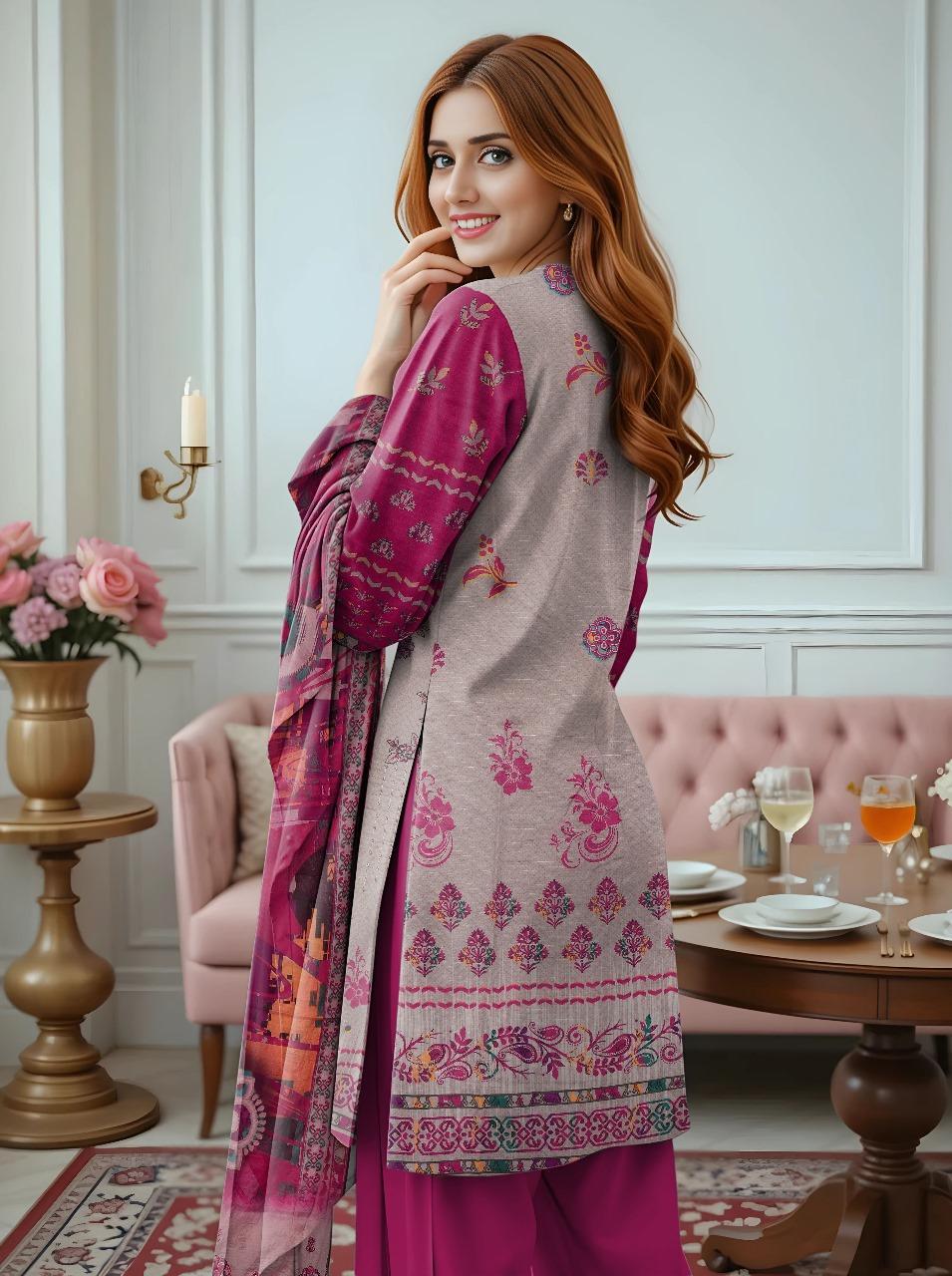 3 Pcs Women's Unstitched Embroidered Suit – Purple