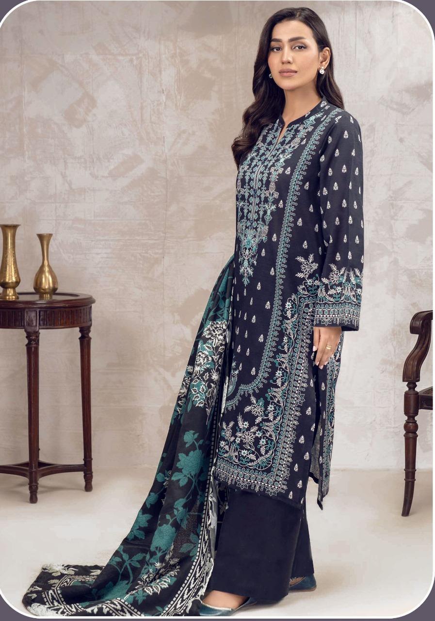3 Pcs Women's Unstitched Dobby Lawn Printed Suit – Blue