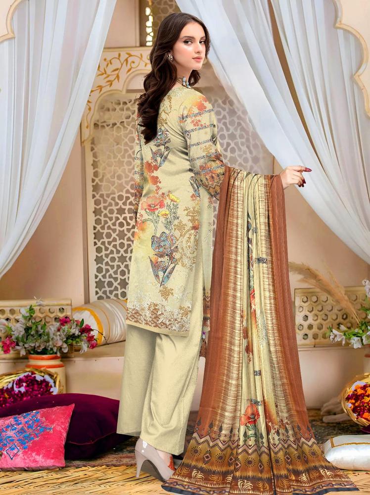 3 Pcs Women's Unstitched Lawn Embroidered Suit