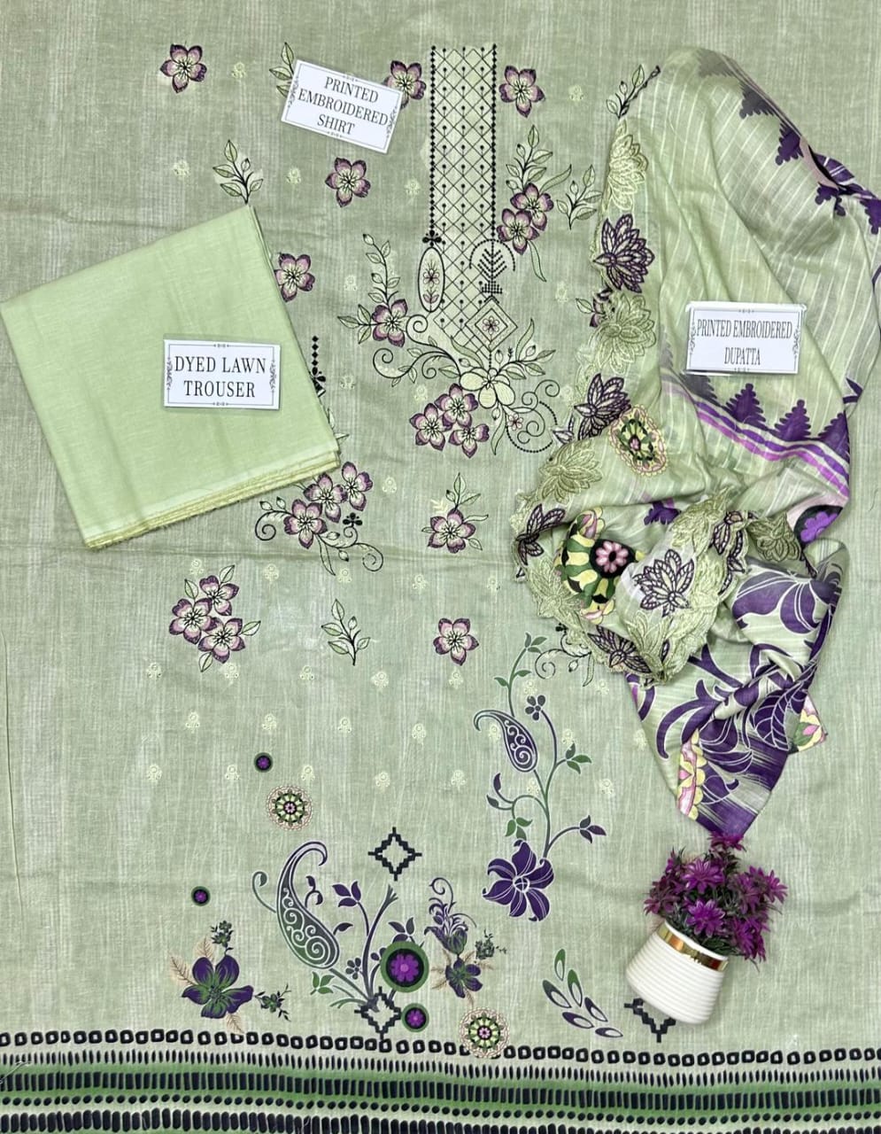 3 Pcs Women's Unstitched Printed Embroidered Dobby Lawn Suit