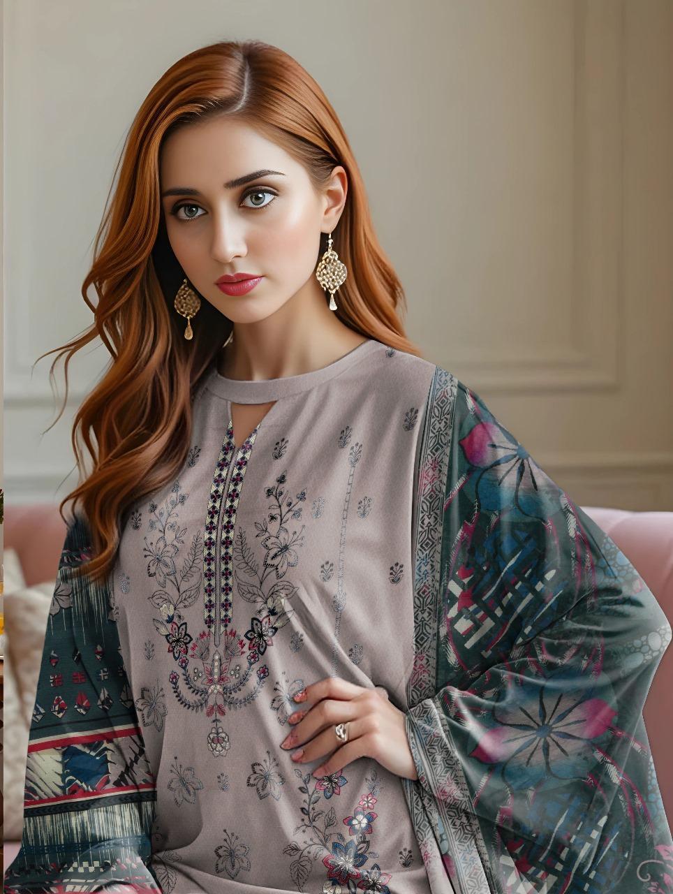 3 Pcs Women's Unstitched Embroidered Dobby Lawn Suit