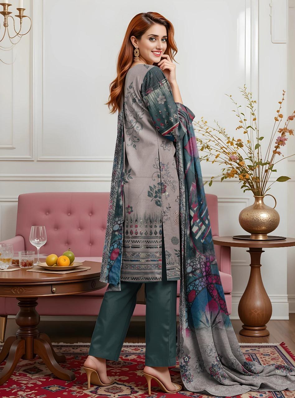 3 Pcs Women's Unstitched Embroidered Dobby Lawn Suit
