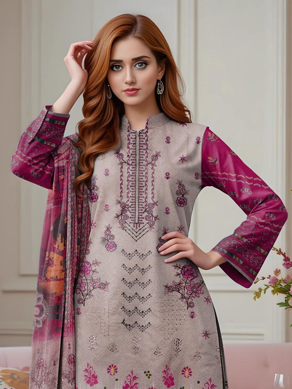 3 Pcs Women's Unstitched Embroidered Suit – Purple