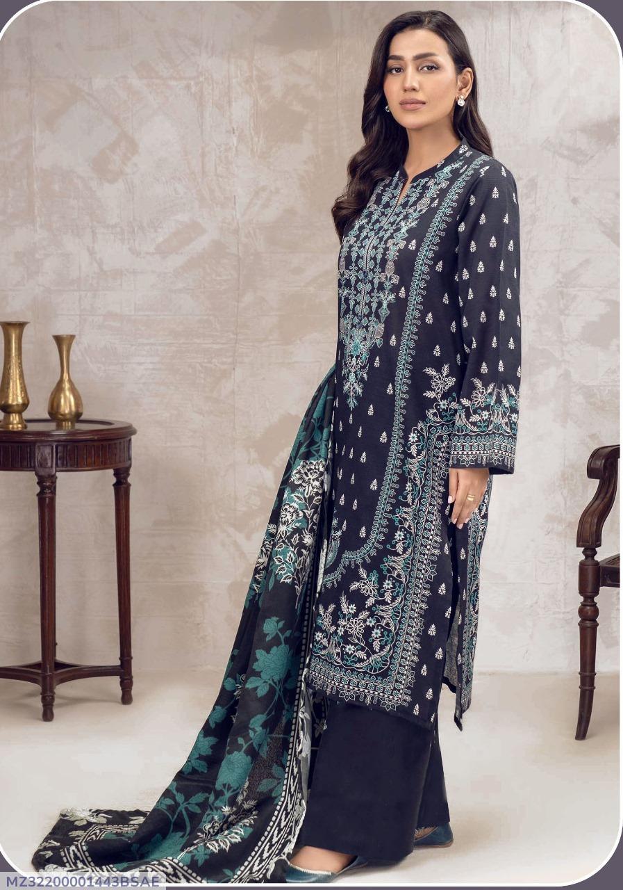 3 Pcs Women's Unstitched Dobby Lawn Printed Suit – Blue