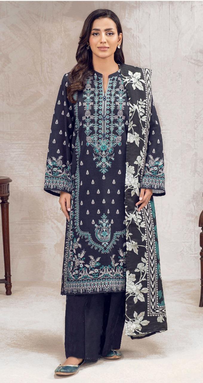 3 Pcs Women's Unstitched Dobby Lawn Printed Suit – Blue
