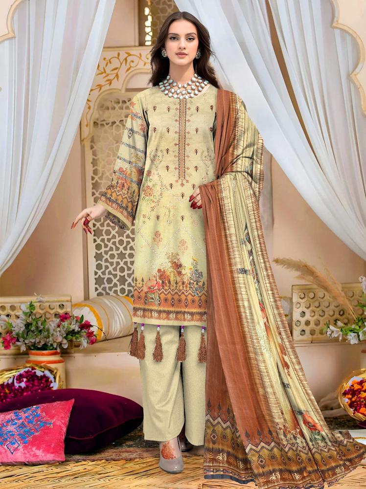 3 Pcs Women's Unstitched Lawn Embroidered Suit