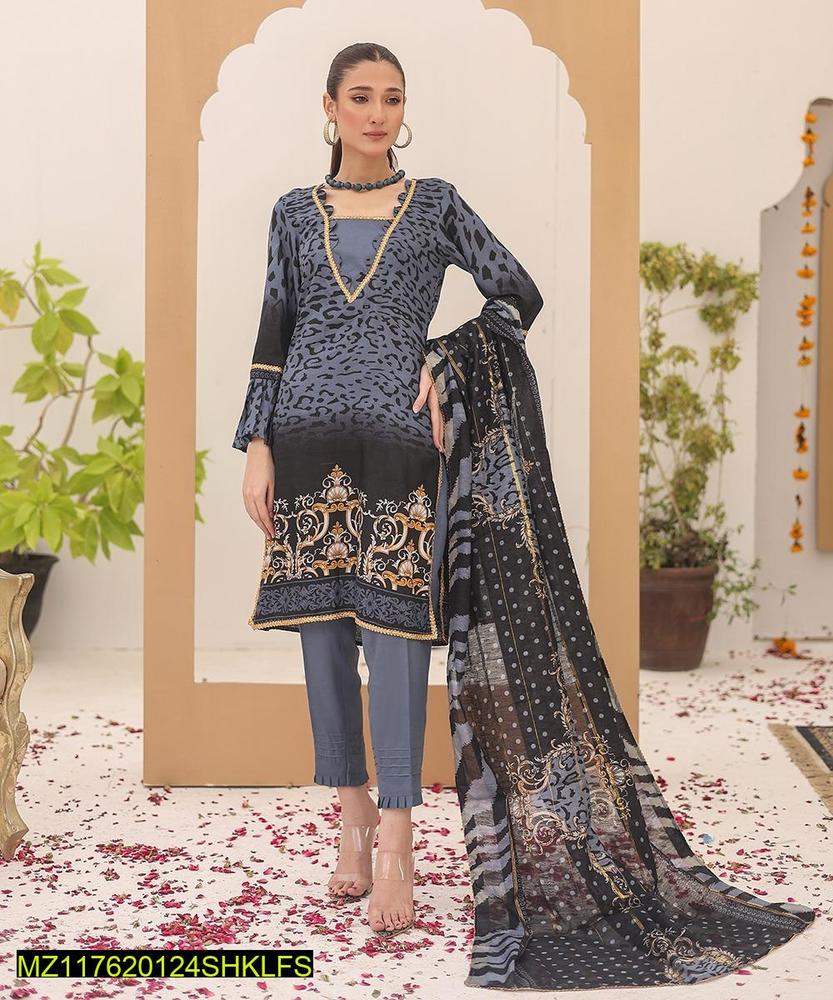 3 Pcs Women's Unstitched Swiss Lawn Printed Suit