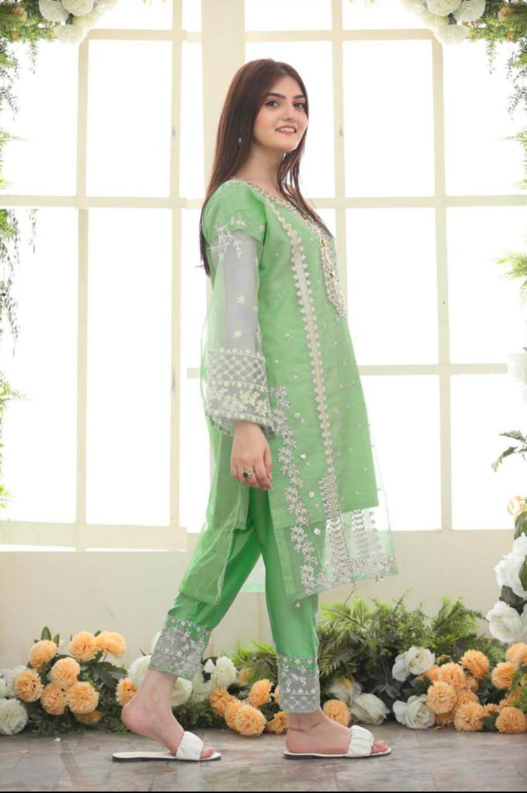 Elegant Women's Stitched Suit in Green with Embroidered Organza