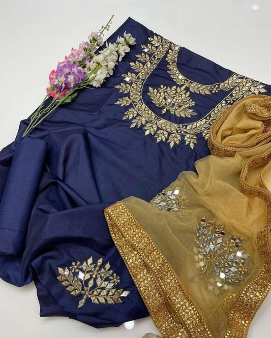 3 Pcs Women's Unstitched Katan Silk Embroidered Suit