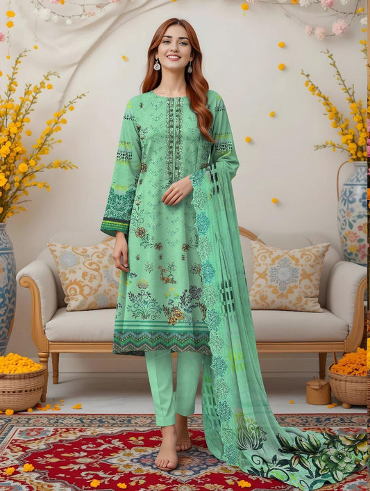 3 Pcs Women's Unstitched Printed Embroidered Dobby Lawn Suit