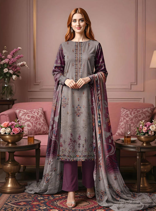 3 Pcs Women's Unstitched Embroidered Dobby Lawn Suit