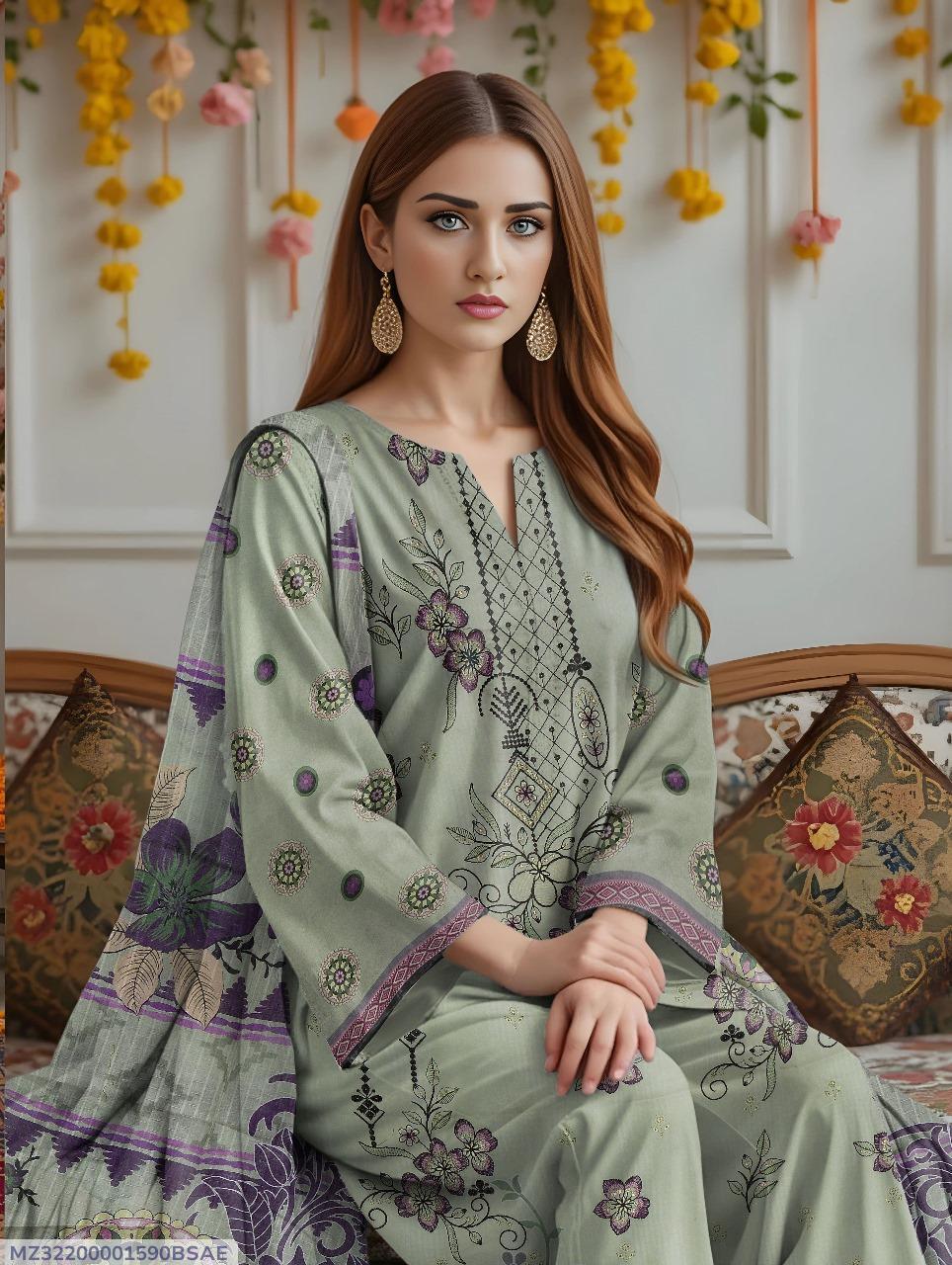 3 Pcs Women's Unstitched Printed Embroidered Dobby Lawn Suit