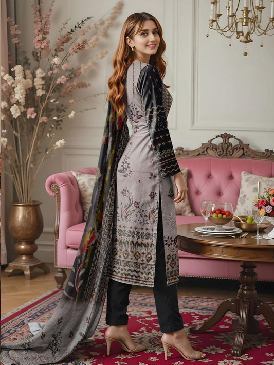 3 Pcs Women's Unstitched Embroidered Dobby Lawn Suit