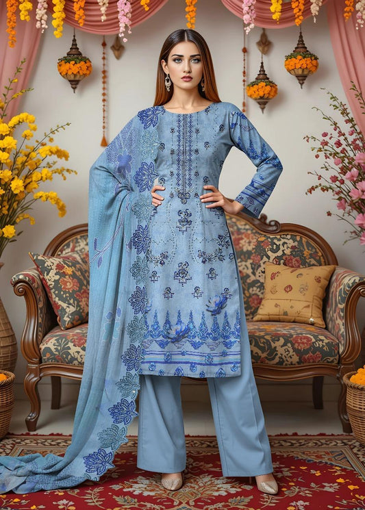 3 Pcs Women's Unstitched Printed Embroidered Dobby Lawn Suit