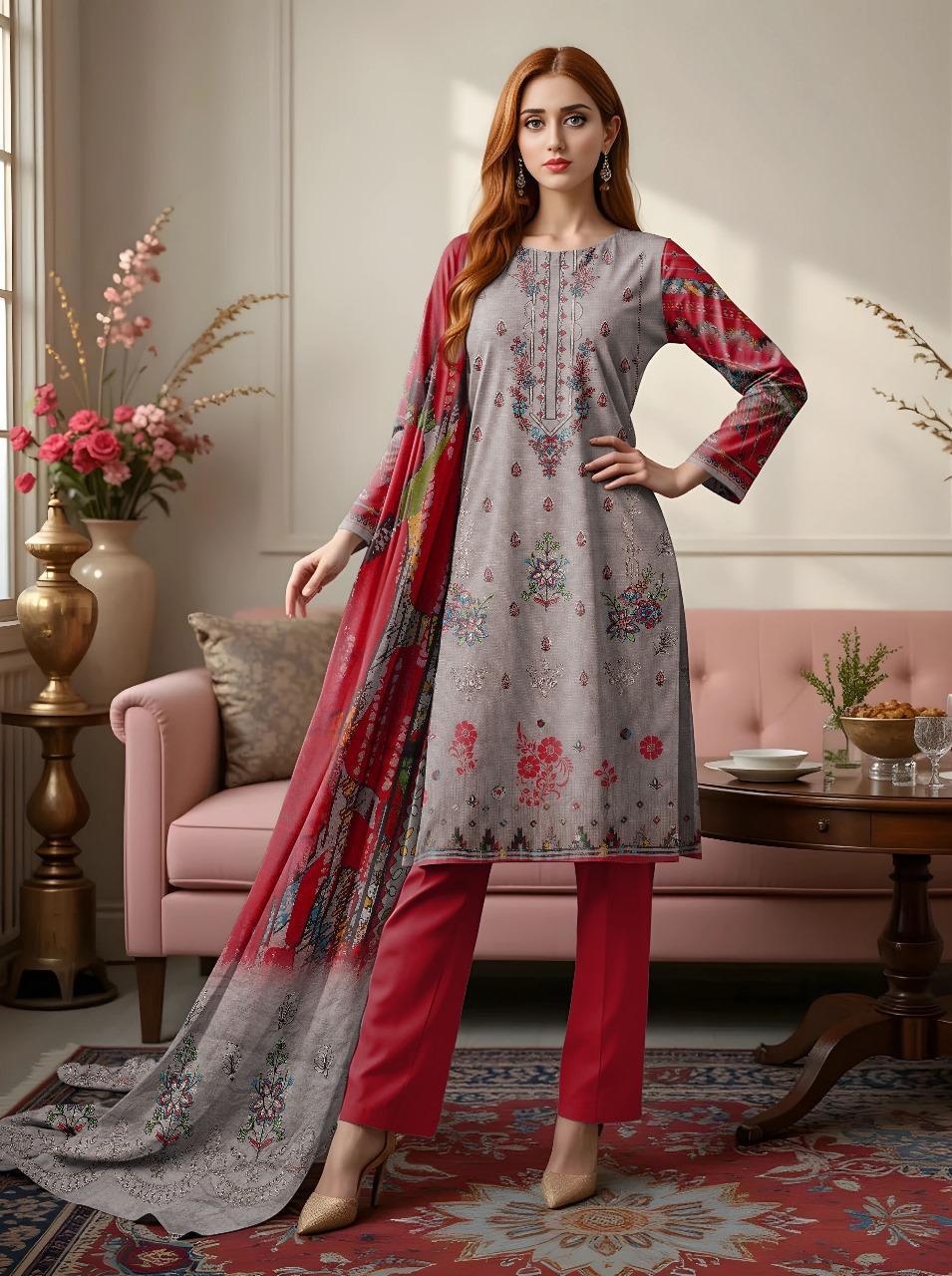 3 Pcs Women's Unstitched Embroidered Dobby Lawn Suit
