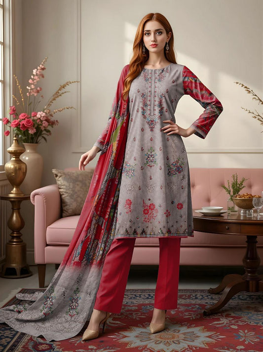 3 Pcs Women's Unstitched Embroidered Dobby Lawn Suit
