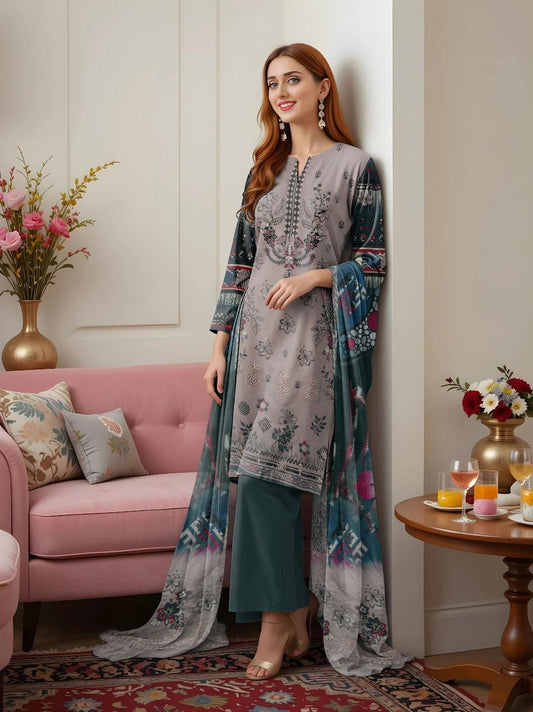 3 Pcs Women's Unstitched Embroidered Dobby Lawn Suit