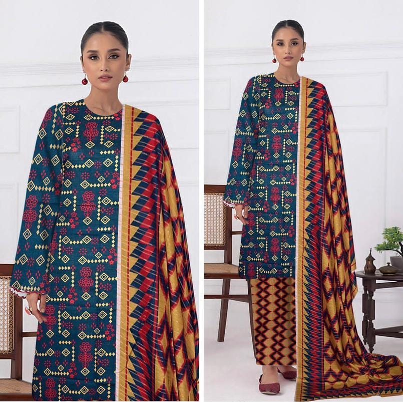 3 Pcs Women's Unstitched Khaddar Printed Suit
