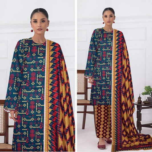 3 Pcs Women's Unstitched Khaddar Printed Suit