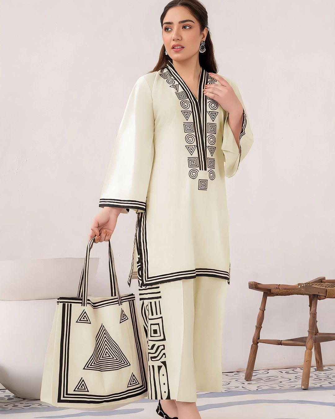Stylish 3-Piece Women's Embroidered Linen Shirt, Palazzo & Bag Set
