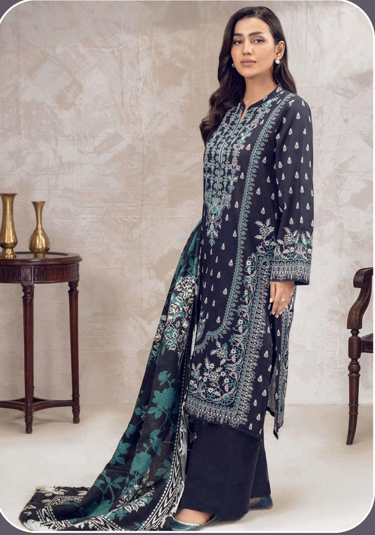 3 Pcs Women's Unstitched Dobby Lawn Printed Suit – Blue