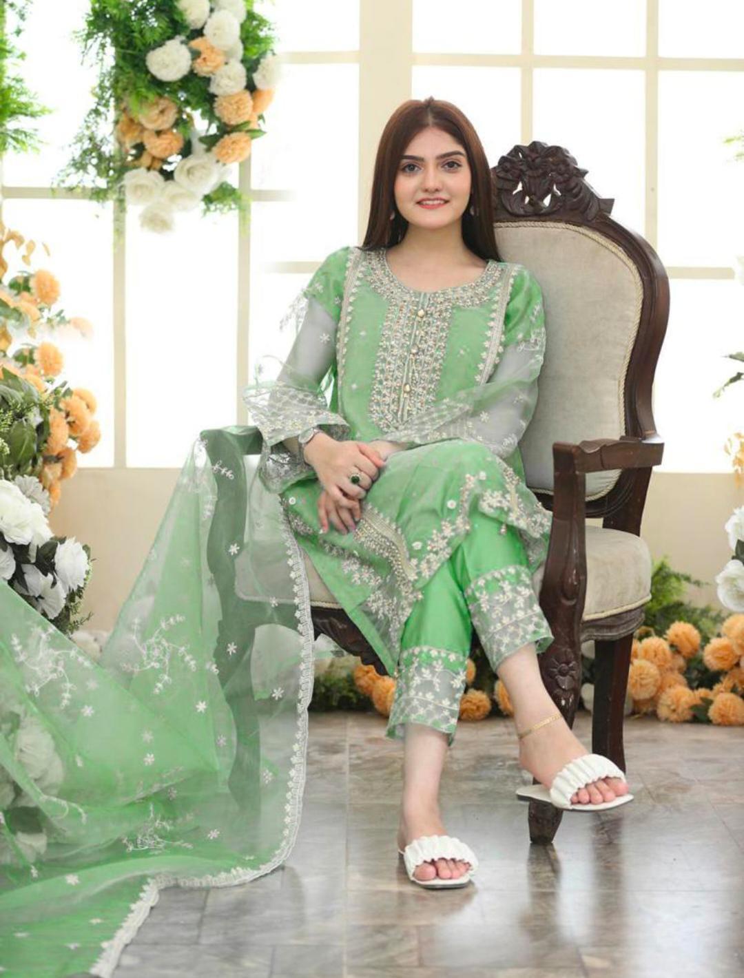 Elegant Women's Stitched Suit in Green with Embroidered Organza