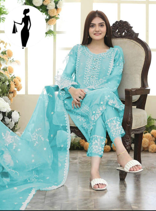 3 Pcs Women's Stitched Embroidered Suit – Beige Organza Ensemble