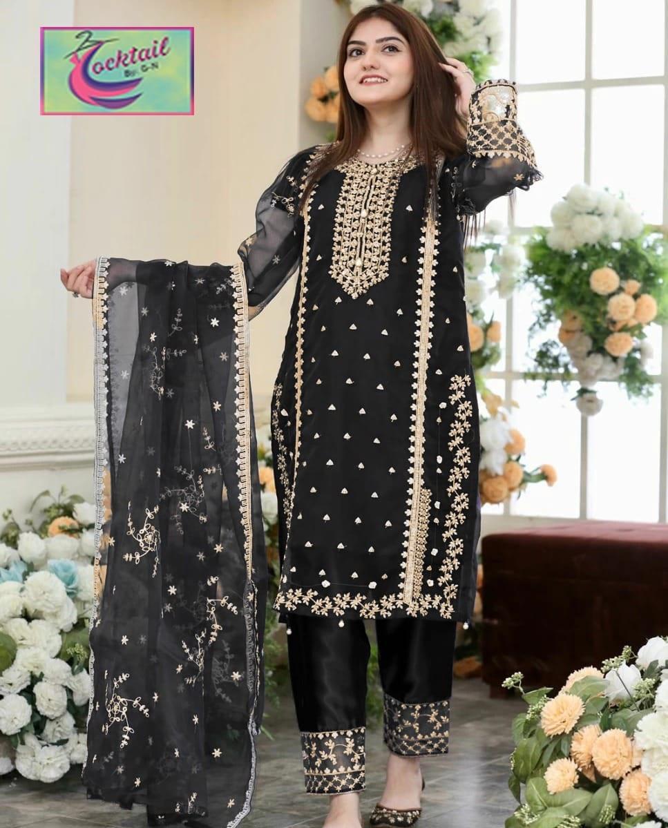 Product Name: 3 Pcs Women's Stitched Embroidered Suit – Black Organza