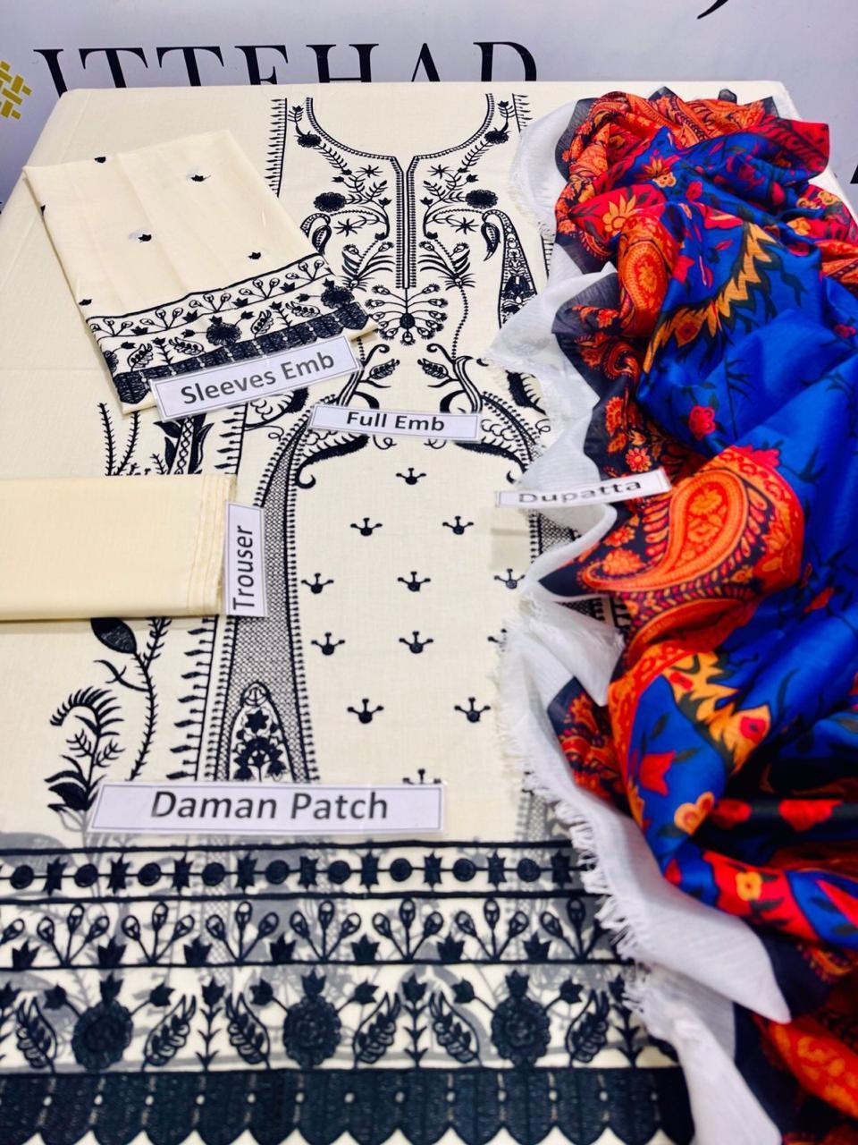 3 Pcs Women's Unstitched Embroidered Suit
