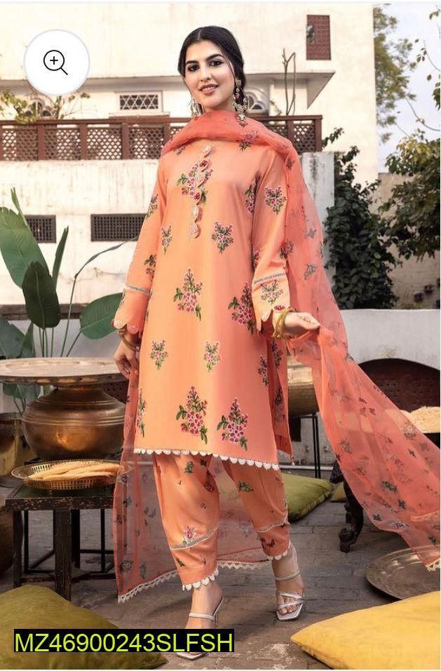 3 Pcs Women's Unstitched Silk Embroidered Suit