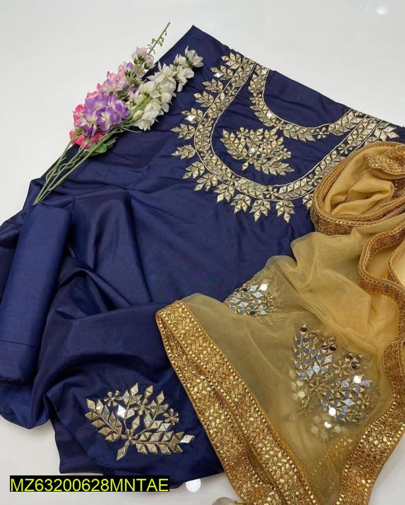 3 Pcs Women's Unstitched Katan Silk Embroidered Suit