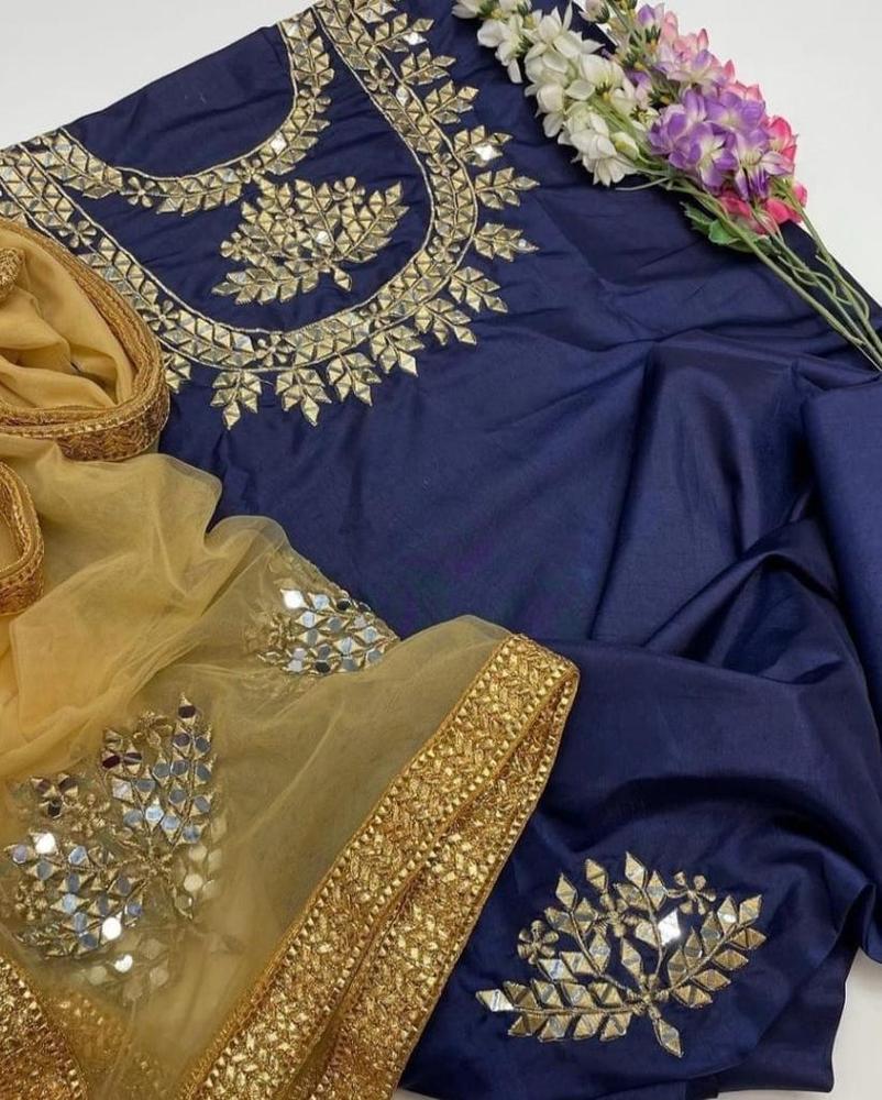 3 Pcs Women's Unstitched Katan Silk Embroidered Suit