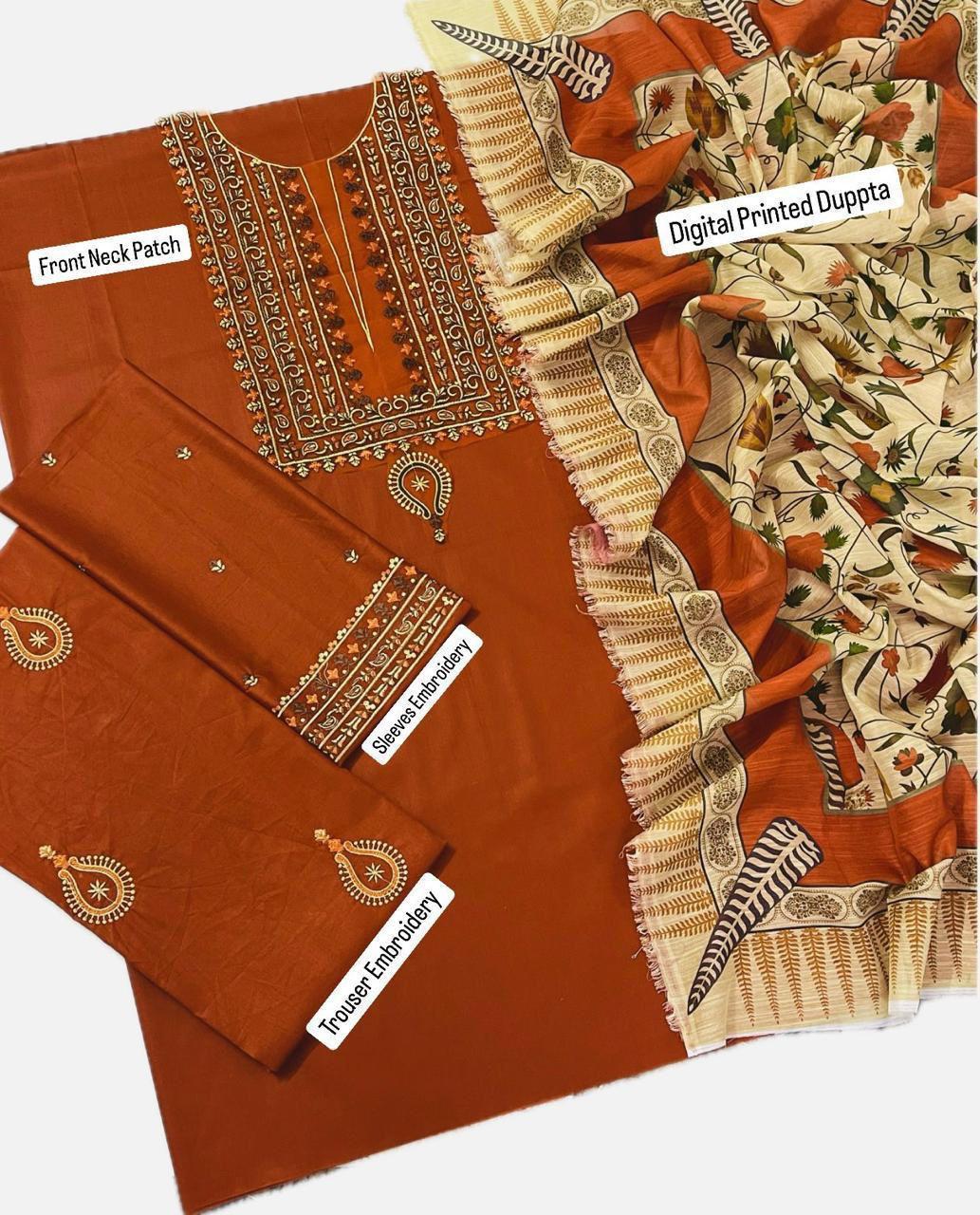 3 Pcs Women's Unstitched Embroidered Lawn Suit