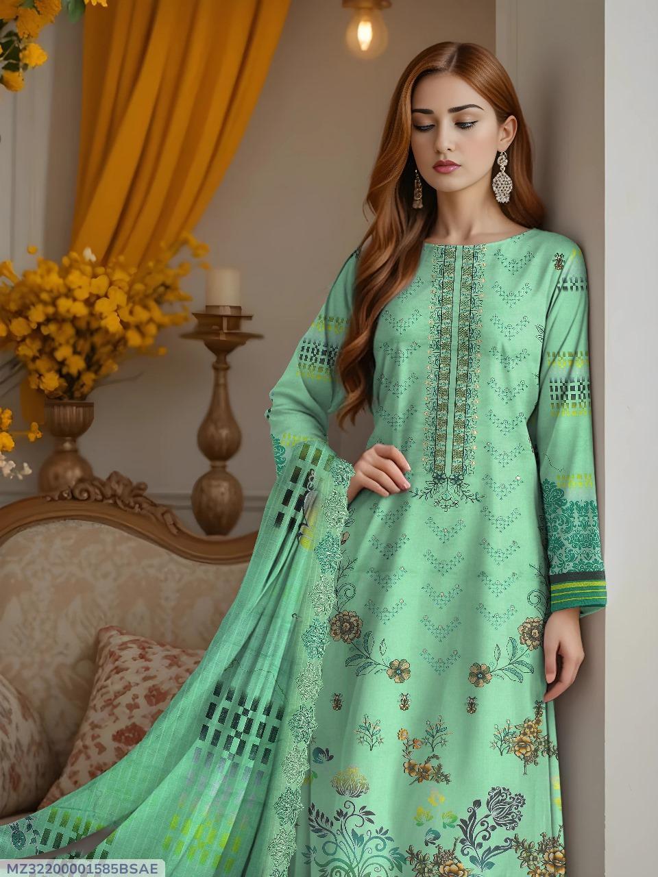 3 Pcs Women's Unstitched Printed Embroidered Dobby Lawn Suit
