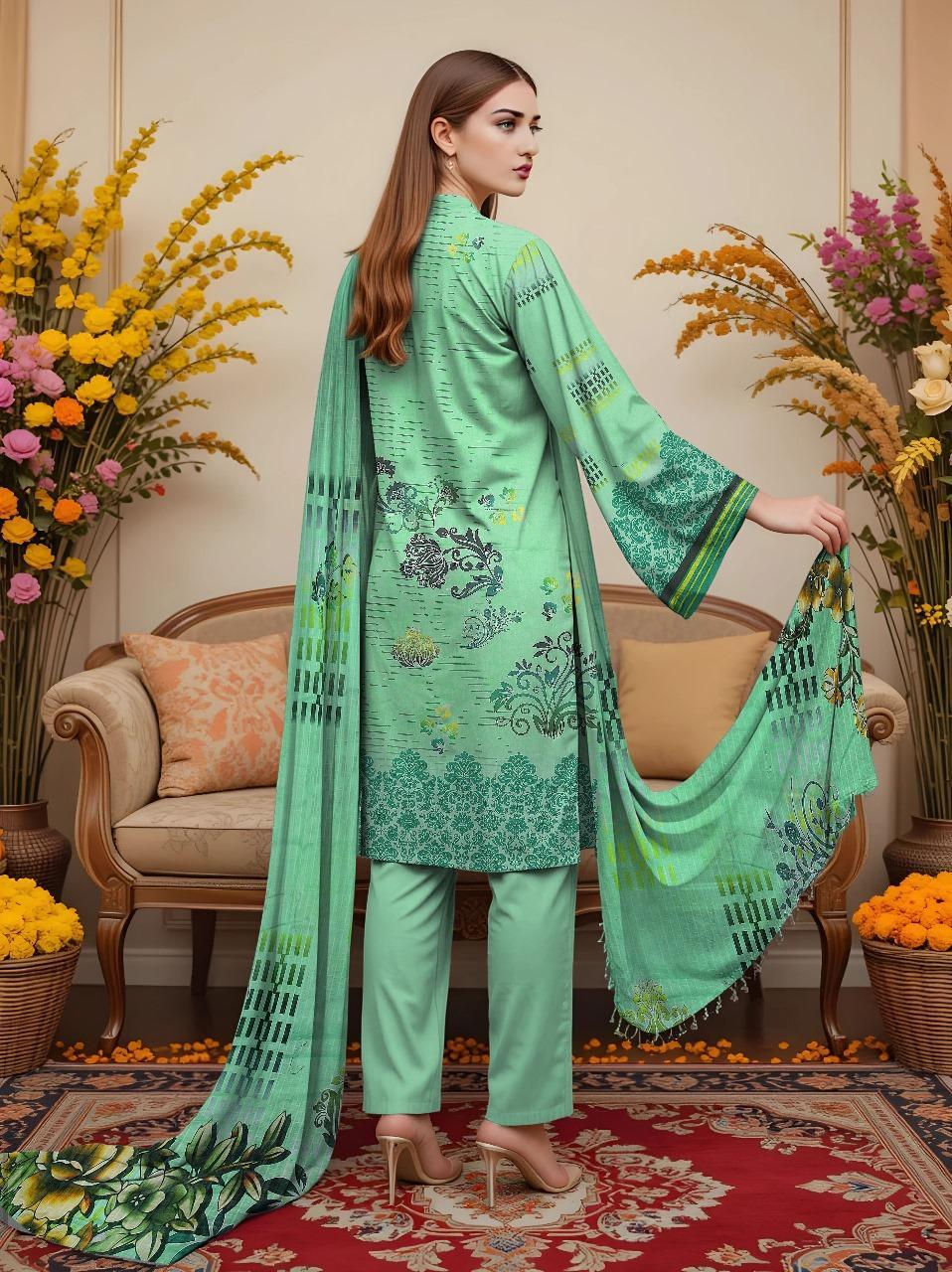 3 Pcs Women's Unstitched Printed Embroidered Dobby Lawn Suit