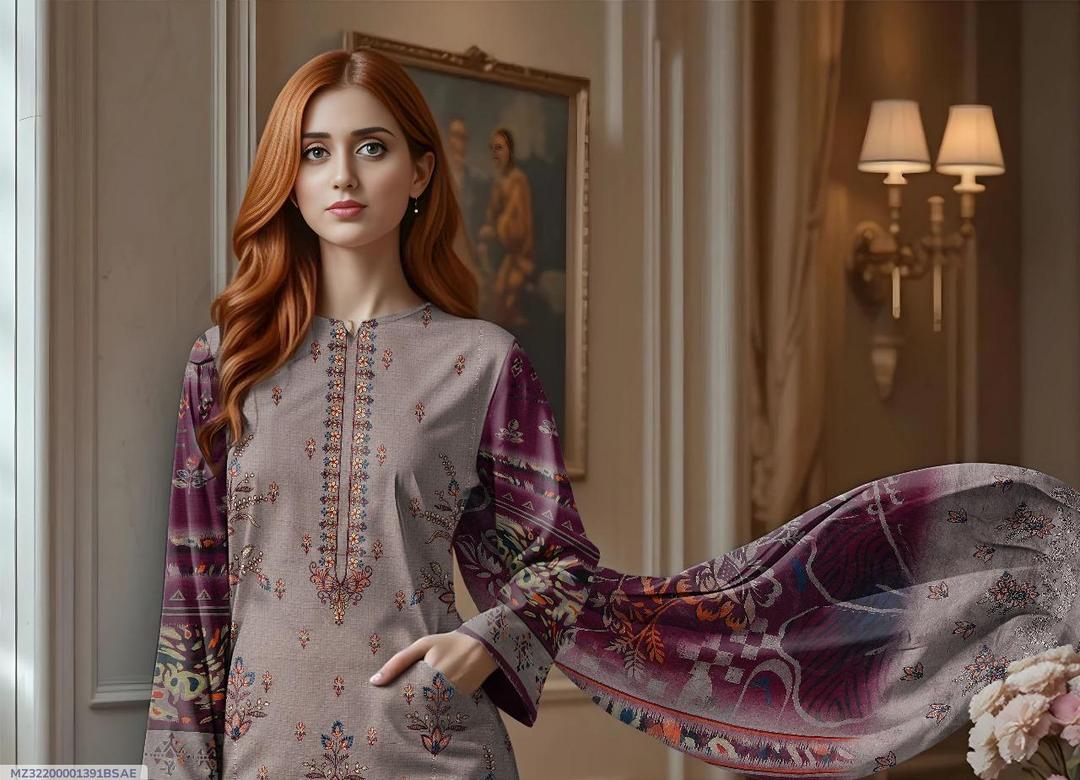 3 Pcs Women's Unstitched Embroidered Dobby Lawn Suit