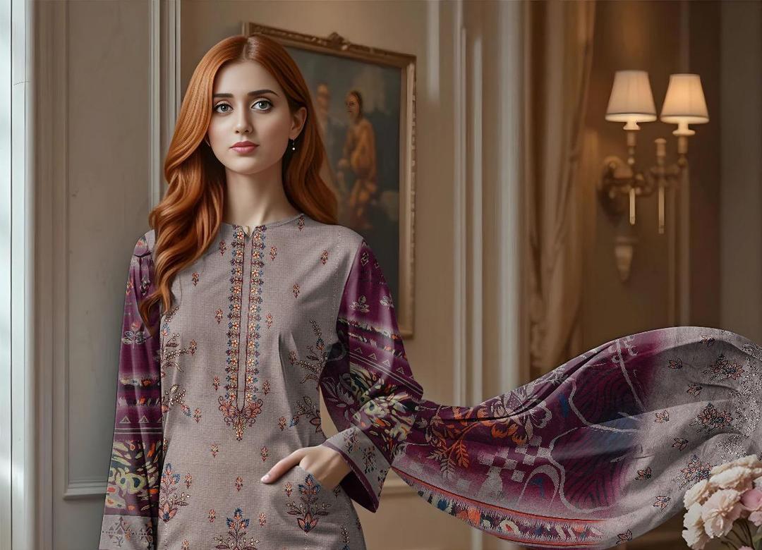 3 Pcs Women's Unstitched Embroidered Dobby Lawn Suit