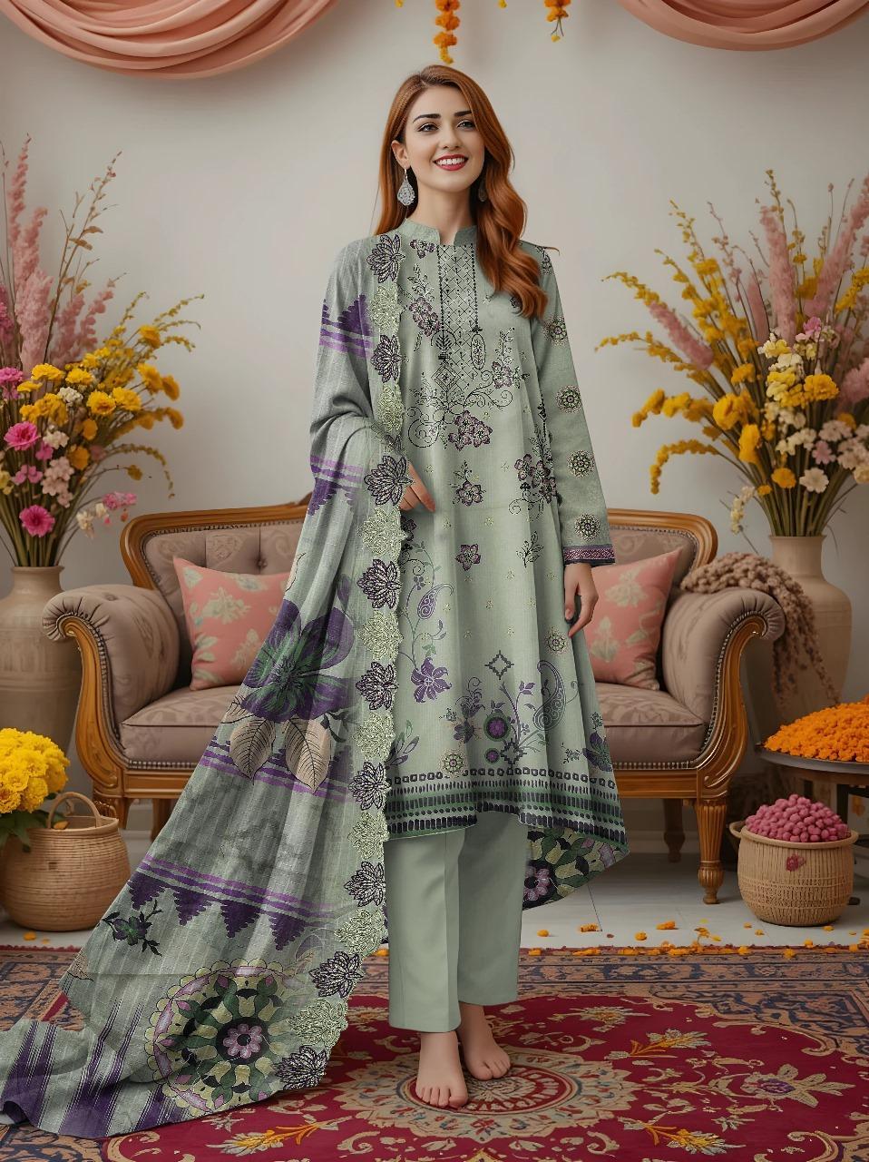 3 Pcs Women's Unstitched Printed Embroidered Dobby Lawn Suit