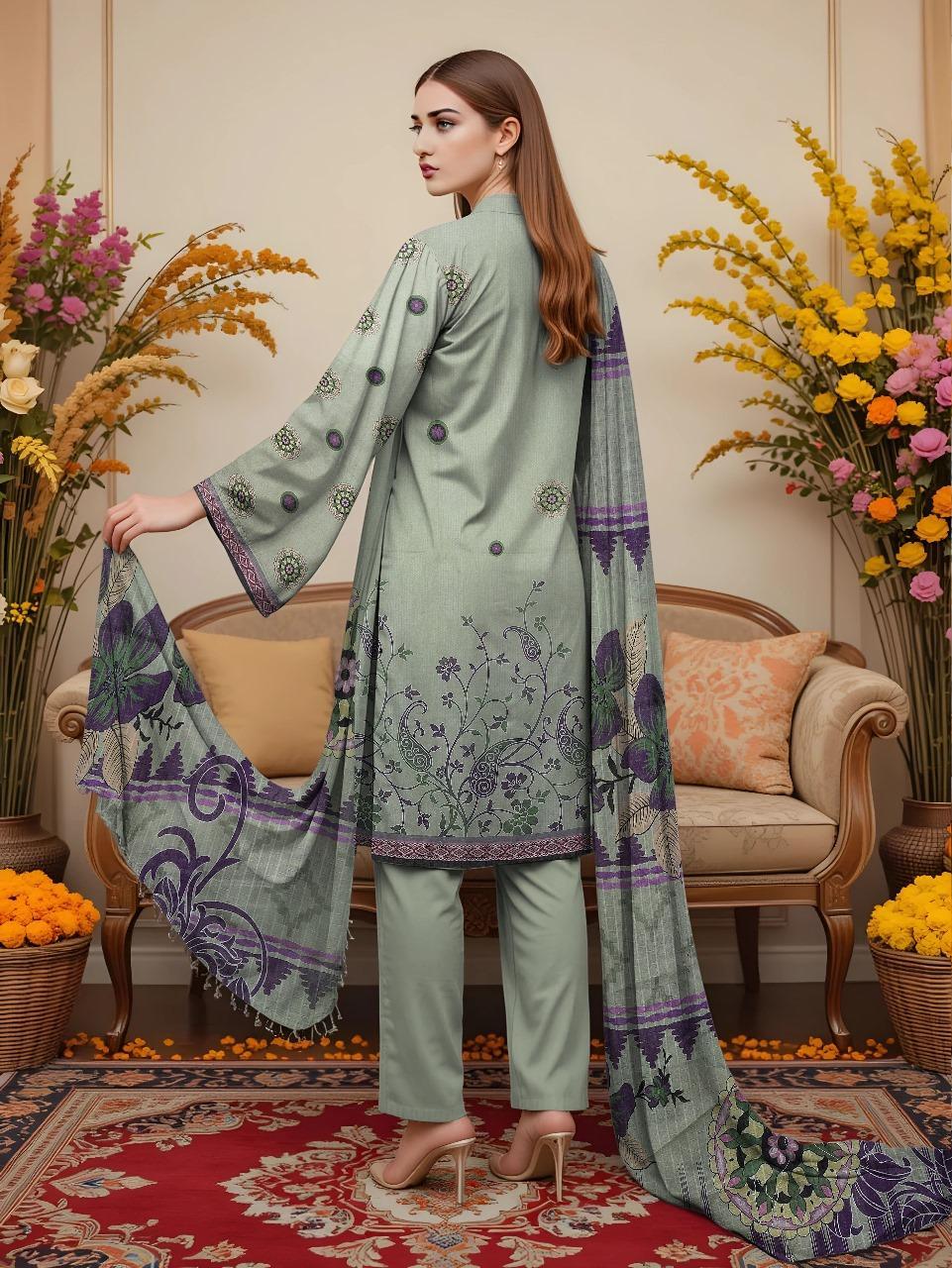 3 Pcs Women's Unstitched Printed Embroidered Dobby Lawn Suit