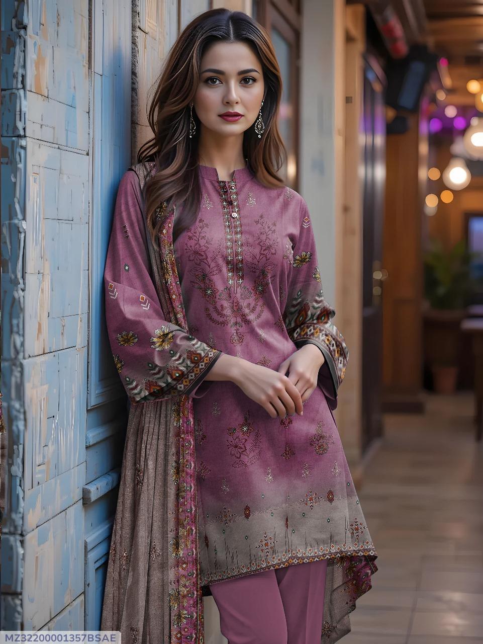 3 Pcs Women's Unstitched Printed Lawn Suit with Silk Dupatta