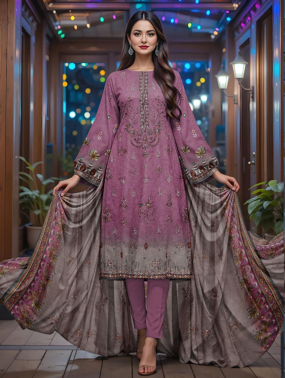 3 Pcs Women's Unstitched Printed Lawn Suit with Silk Dupatta