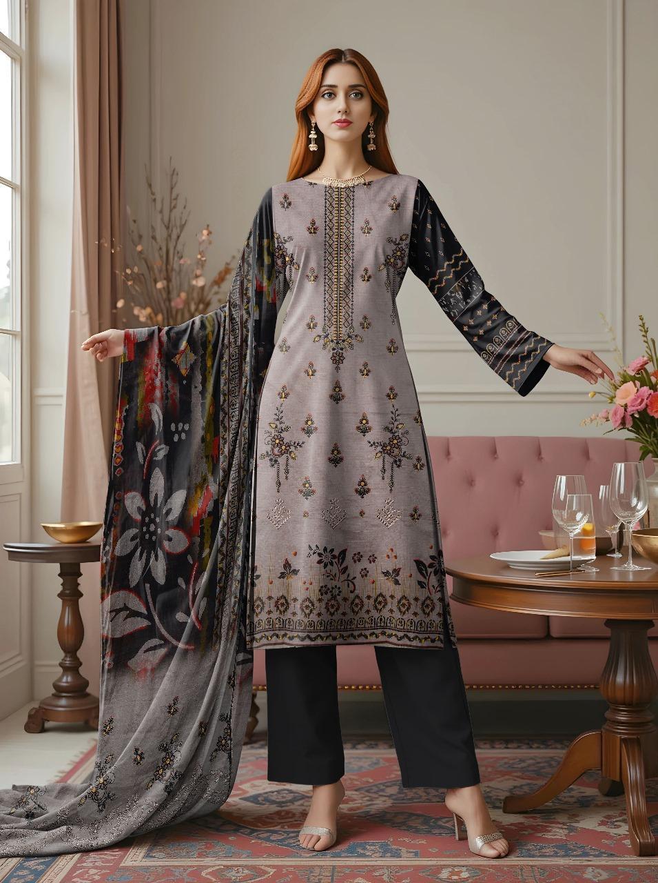3 Pcs Women's Unstitched Embroidered Dobby Lawn Suit