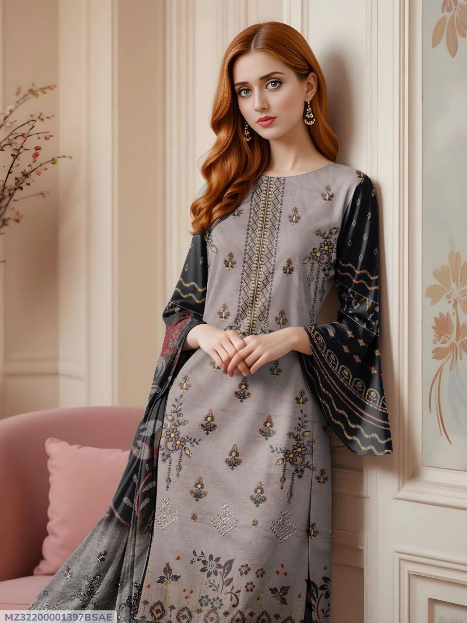 3 Pcs Women's Unstitched Embroidered Dobby Lawn Suit