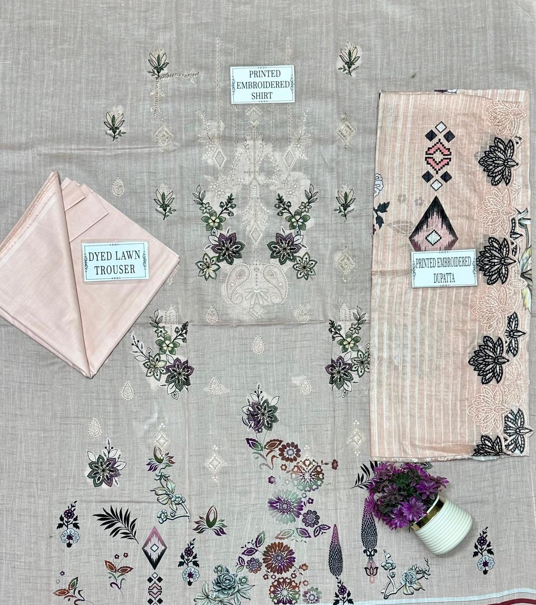 3 Pcs Women's Unstitched Embroidered Dobby Lawn Suit