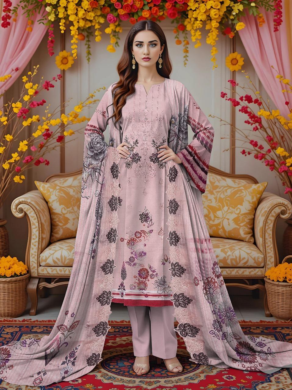 3 Pcs Women's Unstitched Embroidered Dobby Lawn Suit