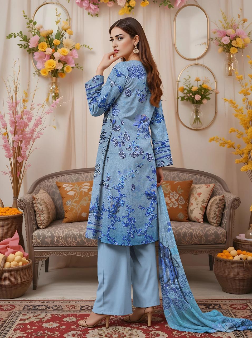 3 Pcs Women's Unstitched Printed Embroidered Dobby Lawn Suit