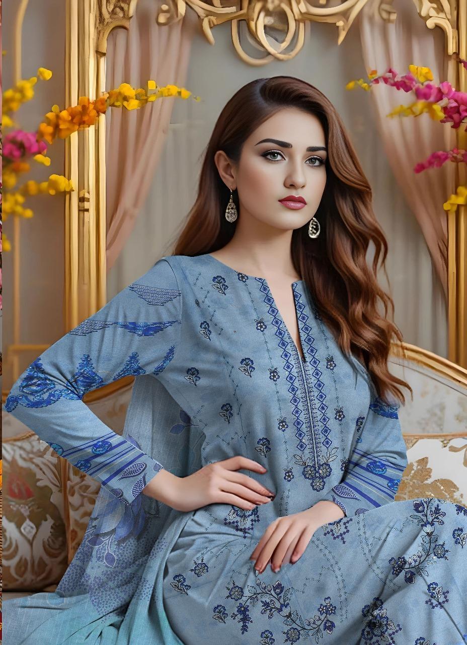 3 Pcs Women's Unstitched Printed Embroidered Dobby Lawn Suit