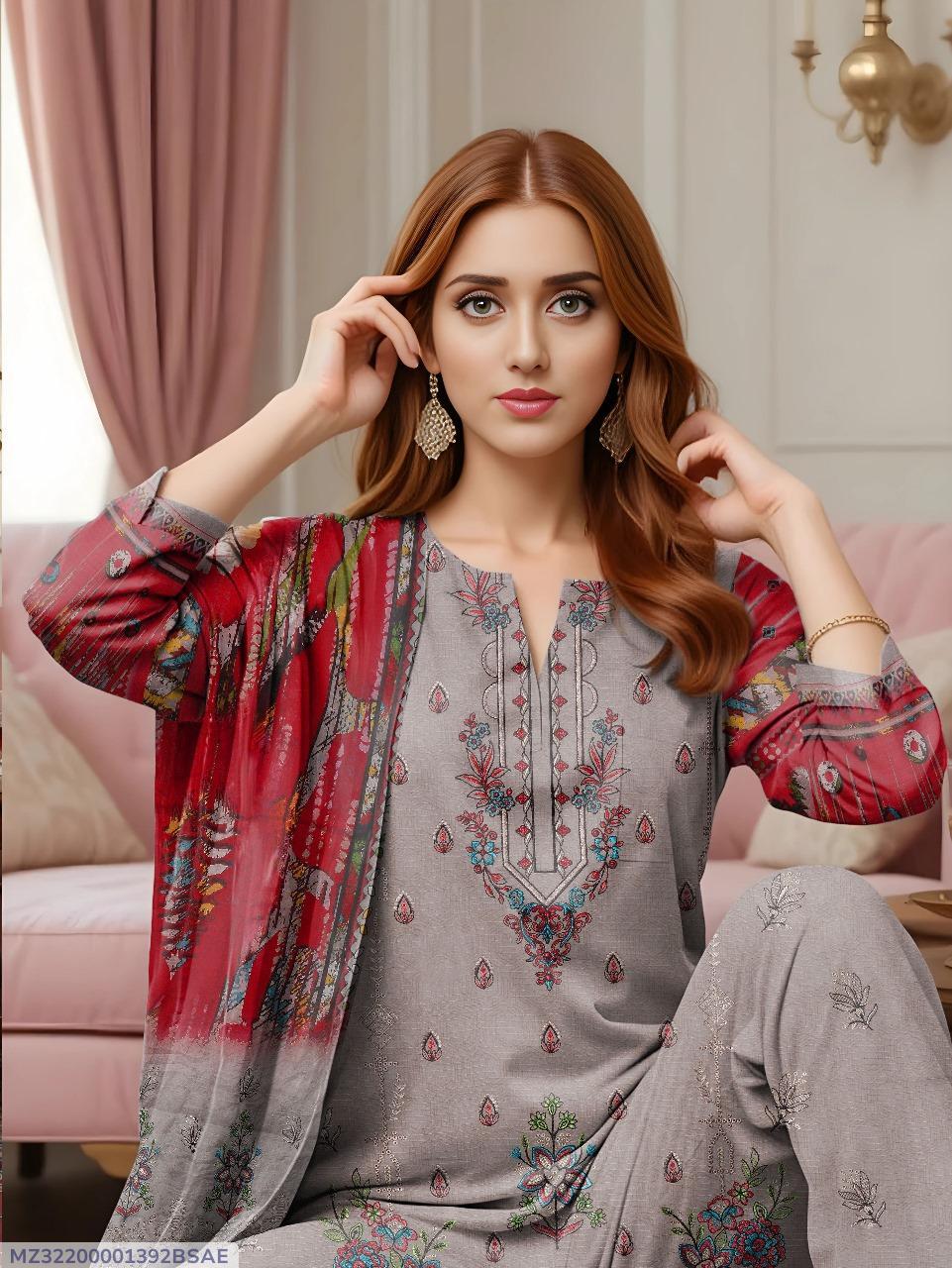 3 Pcs Women's Unstitched Embroidered Dobby Lawn Suit