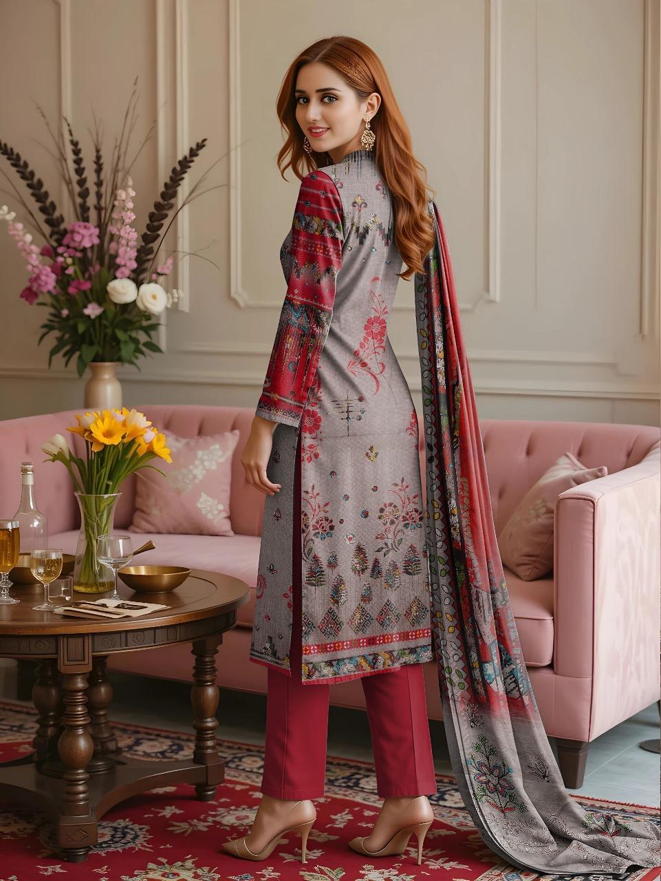 3 Pcs Women's Unstitched Embroidered Dobby Lawn Suit